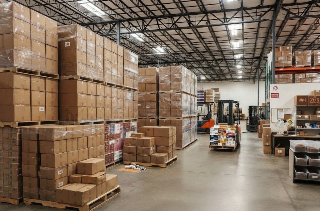 Warehouse floor with palletised boxes of finished products and forklifts
