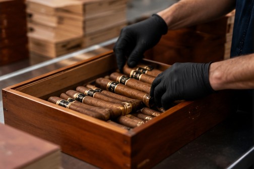 Banded premium cigars being placed in a wooden box