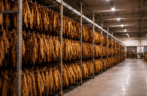 Cured tobacco leaves hanging on racks in a warehouse
