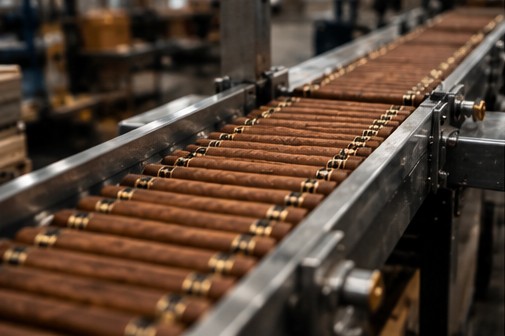 Banded cigars moving along a conveyor