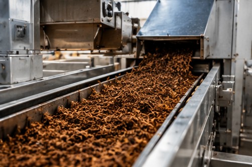 Cut tobacco moving along a processing line