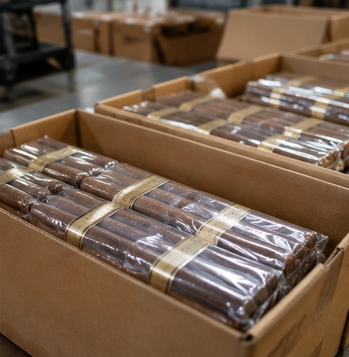 Banded cigars packed in shipping boxes