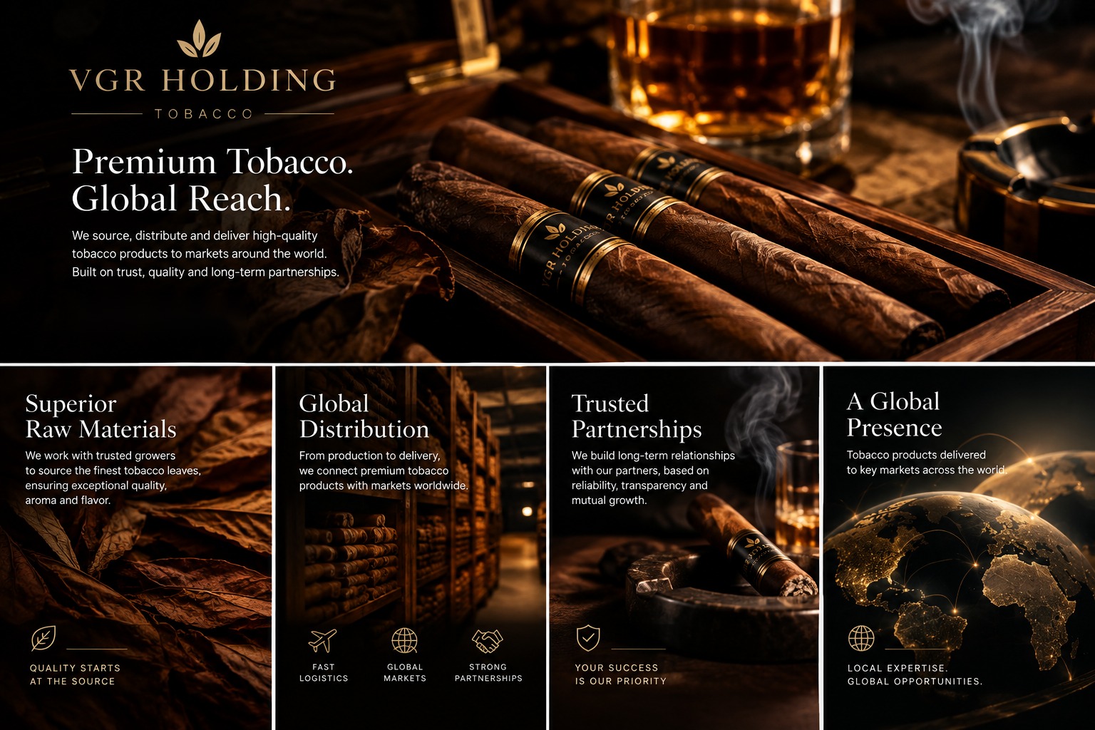 VGR Holding Tobacco. Superior Raw Materials: we work with trusted growers to source the finest tobacco leaves, ensuring exceptional quality, aroma and flavor. Global Distribution: from production to delivery, we connect premium tobacco products with markets worldwide. Trusted Partnerships: we build long-term relationships with our partners, based on reliability, transparency and mutual growth. A Global Presence: tobacco products delivered to key markets across the world.