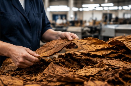 Hands inspecting a cured tobacco leaf