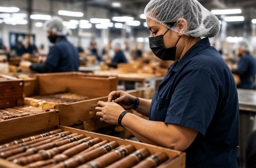 Worker in a hairnet and mask boxing banded cigars