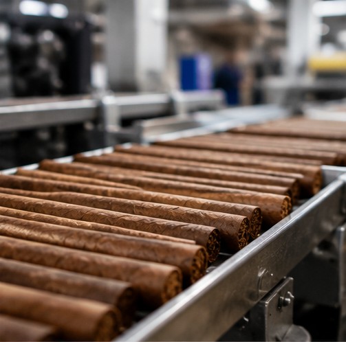 Cigars moving along a conveyor on the production line