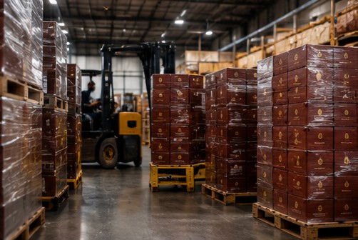 Warehouse with wrapped pallets of boxed product and a forklift